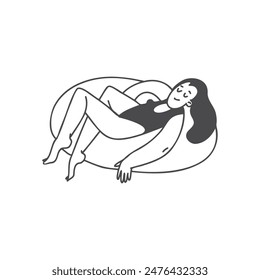 Woman wearing swimsuit relaxing in the swimming circle vector doodle illustration.