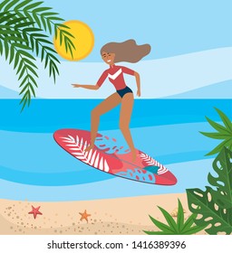 woman wearing swimsuit and surfing on the surfboard with leaves plants