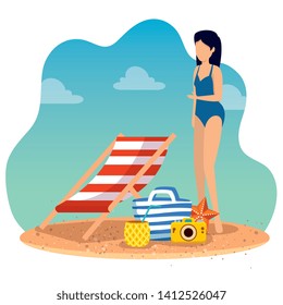 woman wearing swimsuit with tanning chair and purse