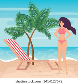 woman wearing swimsuit and tanning chair with palms trees