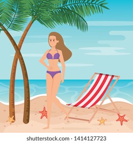 woman wearing swimsuit with tanning chair and palms trees