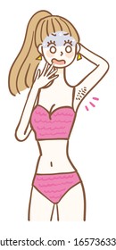 A woman wearing a swimsuit that cares about armpit hair