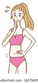 A woman wearing a swimsuit that cares about belly meat