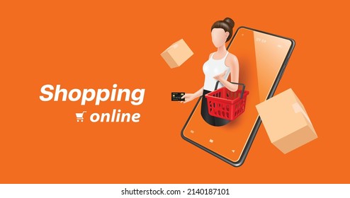 woman wearing tank top Stand holding red shopping basket and handing credit card and all on smartphone screen and parcel box floating around,vector 3d isolated on orange background for online shopping