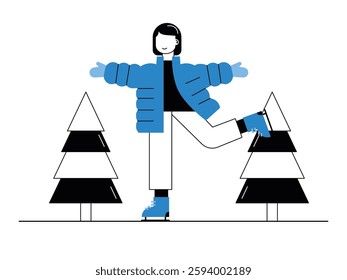 Woman wearing thick jacket and gloves is happily playing ice skating in winter. Design character. Vector flat illustration