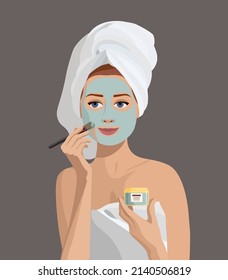 Woman Wearing A Towel Applies A Brush Mask To Her Face. Self-care Concept. Woman Doing Cosmetic Spa Procedures For Face Skin. Morning Routine. Bath Time. Stock Vector Illustration In Flat Style.