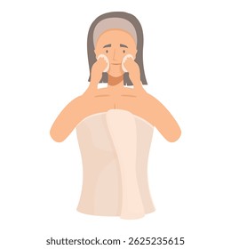 Mulher usando uma toalha está aplicando produto de beleza com cotonetes em seu rosto, removendo maquiagem