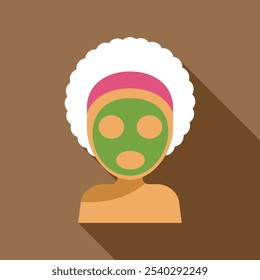 Woman wearing a towel and a green cosmetic face mask for facial treatment, skin care and beauty routine concept