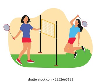 Mujer con traje de tracksuit jugando bádminton con su amigo en el parque, deporte actividad al aire libre. Diseño de caracteres. Ilustración plana del vector