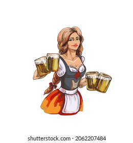Woman wearing a traditional Bavarian dress holding two beer mug. Vintage vector hatching color illustration. Isolated on white background. Hand drawn design ink poster oktoberfest festival