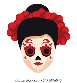 Woman wearing traditional calavera makeup for day of the dead with red flowers in her hair