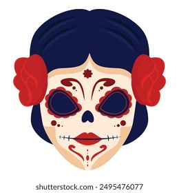 Woman wearing traditional calavera makeup for dia de los muertos celebration