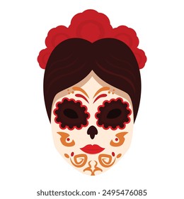 Woman wearing traditional calavera makeup with red floral headpiece celebrating day of the dead