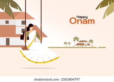 Woman wearing traditional dress swinging in the outdoor. Concept for Onam festival