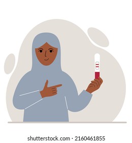 A woman wearing a traditional Islamic headscarf smiles and looks at a positive pregnancy test result. Vector flat illustration