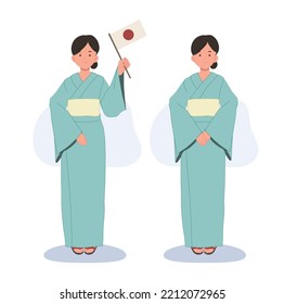 Woman Wearing Traditional Japanese Summer Clothing, YUKATA. Japanese Woman Holding Japan Flag. Vector Illustration.