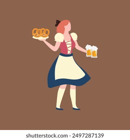 Woman Wearing Traditional Oktoberfest Clothes. Flat cartoon illustration.