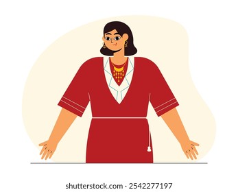 Woman wearing a traditional red dress with white accents on the top and flashy jewelry, her hair is short and dark, gypsy vector illustration.