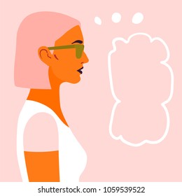 Woman wearing a t-shirt and sunglasses with a thinking bubble on pink backdrop. Vector illustration eps 10.