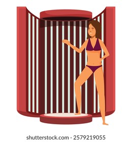 Woman wearing a two piece swimsuit presenting her tan while exiting a vertical tanning bed in a solarium or spa