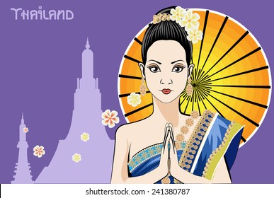 Woman wearing typical thai dress on  background, identity culture of Thailand