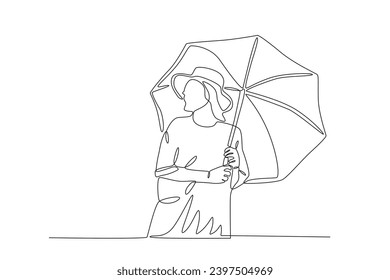 A woman wearing an umbrella. Spring one-line drawing