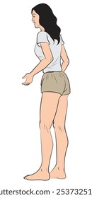 A woman wearing very short pants while talking. Illustration in colors and vector format.