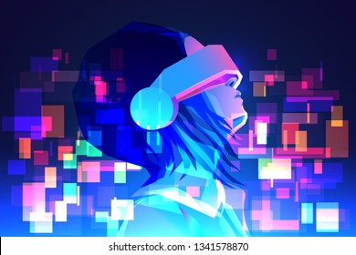 Woman wearing virtual or augmented reality glasses. Abstract vr world with glowing effects. Vector illustration