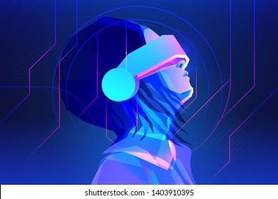 Woman wearing virtual or augmented reality glasses. Abstract vr world with neon lines. Vector illustration