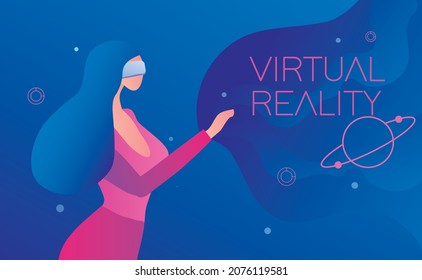 Woman wearing virtual or augmented reality glasses. Metaverse concept vector illustration