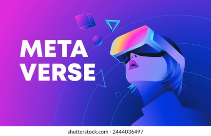 Woman wearing virtual or augmented reality glasses on color background. Virtual reality concept. Vector illustration