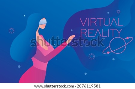 Woman wearing virtual or augmented reality glasses. Metaverse concept vector illustration