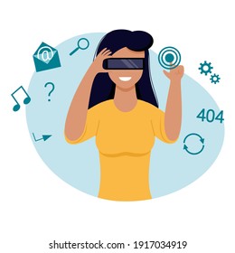 A woman wearing virtual reality glasses. Vector illustration in a flat style. Modern technologies and cyberspace.