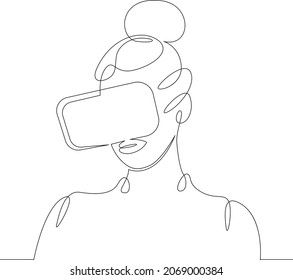 Woman wearing virtual reality glasses. Young woman is experiencing virtual reality through a VR headset.One continuous line .One continuous drawing line logo isolated minimal illustration.