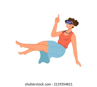 Woman wearing virtual reality glasses, goggles for visual experience in metaverse. Vector cyberspace and social network, augmented possibilities for users and citizens. Flat cartoon style character