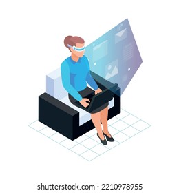 Woman wearing virtual reality glasses and using laptop 3d isometric vector illustration