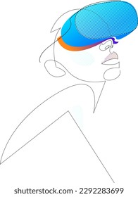 Woman wearing virtual reality glasses device or VR set minimalist line drawing. Metaverse concept. Can be used for infigraphics, logo or web banner. Vector illustration.