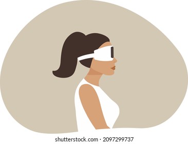 woman wearing virtual reality goggle glass, having 3d experience in virtual reality  vector illustration. Metaverse and blockchain 3D experience technology concept
