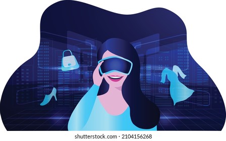 Woman Wearing Virtual Reality Goggle Glass, Having 3d Experience In Shopping Vector Illustration. Metaverse 3D Experience Technology In Shopping World	
