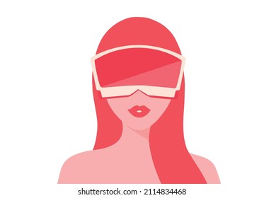 woman wearing virtual reality goggle glass, having 3d experience in virtual reality  vector illustration. Metaverse and blockchain 3D experience technology concept
