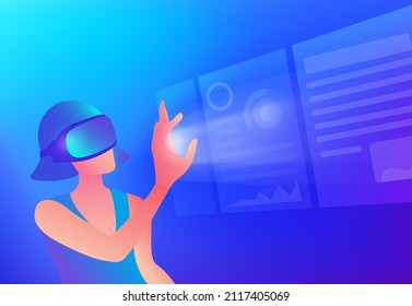 Woman wearing virtual reality goggle glass, having 3d experience in virtual reality  vector illustration. Metaverse and blockchain 3D experience technology concept
