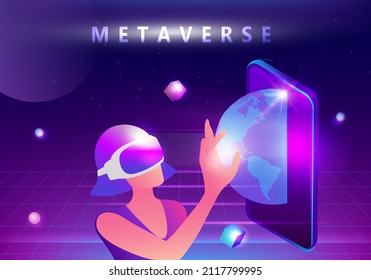 Woman wearing virtual reality goggle glass, having 3d experience in virtual reality  vector illustration. Metaverse and blockchain 3D experience technology concept
