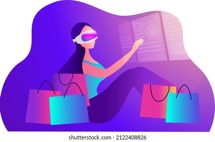 Woman Wearing Virtual Reality Goggle Glass Shopping Online Vector Illustration. Metaverse 3D Experience Technology In Shopping World	