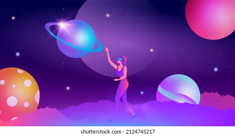 Woman wearing virtual reality goggle glass, having 3d experience in virtual reality in universe world vector illustration. Metaverse and blockchain 3D experience technology concept