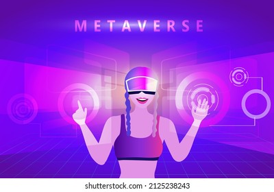 Woman wearing virtual reality goggle glass, having 3d experience in virtual reality  vector illustration. Metaverse and blockchain 3D experience technology concept