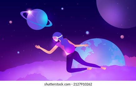 Woman wearing virtual reality goggle glass, having 3d experience in virtual reality in universe world vector illustration. Metaverse and blockchain 3D experience technology concept