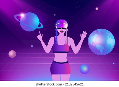 Woman wearing virtual reality goggle glass, having 3d experience in virtual reality in universe world vector illustration. Metaverse and blockchain 3D experience technology concept