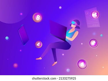 Woman wearing virtual reality goggle glass, having 3d experience in cryptocurrency and financial virtual reality vector illustration. Metaverse and blockchain 3D experience technology concept