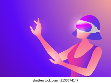 Woman wearing virtual reality goggle glass, having 3d experience in virtual reality  vector illustration. Metaverse and blockchain 3D experience technology concept
