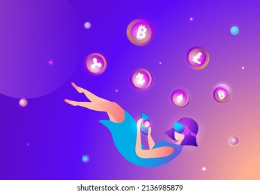 Woman wearing virtual reality goggle glass, having 3d experience in cryptocurrency and financial virtual reality vector illustration. Metaverse and blockchain 3D experience technology concept